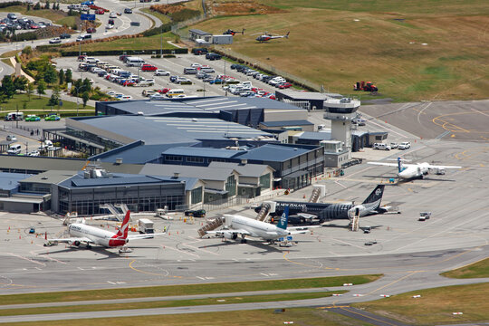 Aerial View Of Busy Queenstown Airport In New Zealand