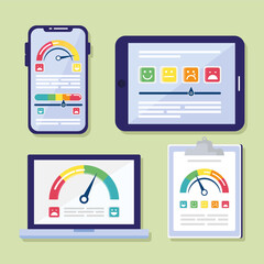 bundle of customer satisfaction set icons in checklist and electronics devices vector illustration design