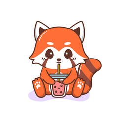 cute happy red panda drinking bubble tea © OreNyee