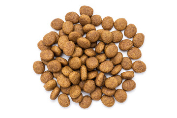 domestic animals dry food isolated on white background. dry cat feed cut out. above view