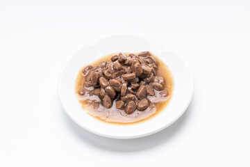 domestic animals wet food isolated on white background. wet cat feed cut out. above view