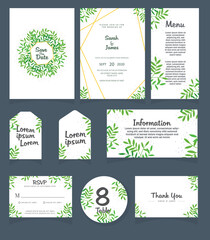 Set of Wedding invitation Vector illustration. card template. Wedding invitation, thank you, save the date, menu, information, RSVP, label, table number and place card design.
