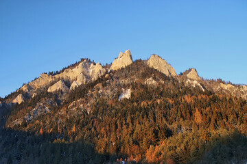View of "Trzy Korony" on a sunny winter day. The highest peak of the Central Pieniny, belonging to the Three Crowns Massif. Clear blue sky over the top © Adam