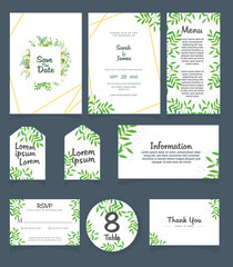 Set of Wedding invitation Vector illustration. card template. Wedding invitation, thank you, save the date, menu, information, RSVP, label, table number and place card design.