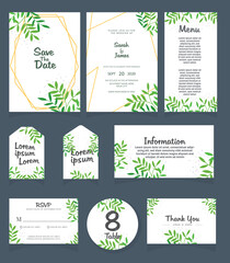 Fototapeta na wymiar Set of Wedding invitation Vector illustration. card template. Wedding invitation, thank you, save the date, menu, information, RSVP, label, table number and place card design.