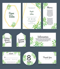 Set of Wedding invitation Vector illustration. card template. Wedding invitation, thank you, save the date, menu, information, RSVP, label, table number and place card design.