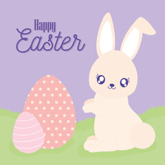 happy easter lettering, easter eggs and one cute rabbit