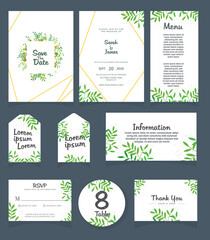 Set of Wedding invitation Vector illustration. card template. Wedding invitation, thank you, save the date, menu, information, RSVP, label, table number and place card design.