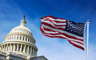 American flag waving with the US Capitol Hill