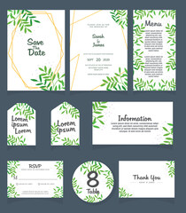 Set of Wedding invitation Vector illustration. card template. Wedding invitation, thank you, save the date, menu, information, RSVP, label, table number and place card design.