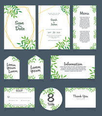 Set of Wedding invitation Vector illustration. card template. Wedding invitation, thank you, save the date, menu, information, RSVP, label, table number and place card design.