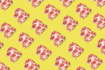Seamless food pattern with raw pork meat slices on yellow background, beef steaks
