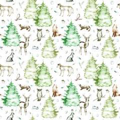 Seamless pattern of a deer,fox,wolf,ferret,owl,rabbit,tree and floral.Forest animals and branch.Watercolor hand drawn illustration.White background.	