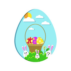 Basket with Easter eggs and bunnies on a background of grass and blue sky, Easter greeting card. Vector illustration