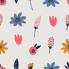 Seamless colorful floral pattern with wild flowers. Simple scandinavian style. Vector illustration
