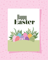 invitation with happy easter lettering and easter eggs on a pink background