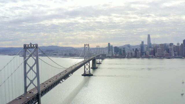 Aerial: bridge and city view by the bay area. drone view