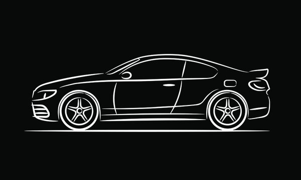 Modern car coupe, abstract silhouette on black background. Vehicle icons view from side. Vector illustration