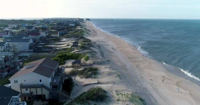 Ocean front beach houses along shoreline in Nags Head, North Carolina in the Outer Banks. 