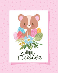 invitation with happy easter lettering,one cute bear and one basket full of easter eggs on a pink background