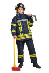 Young brave woman in uniform and hardhat of firefighter with crowbar in hands looking at camera on white background. 