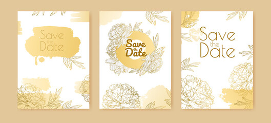 Set of vintage banners with big peony buds and golden decorative elements on a white background. Wedding invitation with outline flowers and blots of paint. Design for a greeting card or poster.