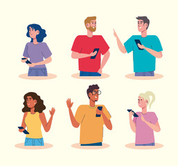 community using smartphones avatars characters vector illustration design