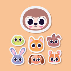 set of cute pet stickers on a light orange background