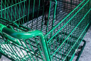 A green grocery store shopping cart, or push cart or trolley, lies empty in the asphalt parking lot outside a supermarket in London, Ontario, Canada, February 2021.