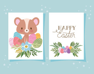 invitation with happy easter lettering,one cute bear and one basket full of easter eggs