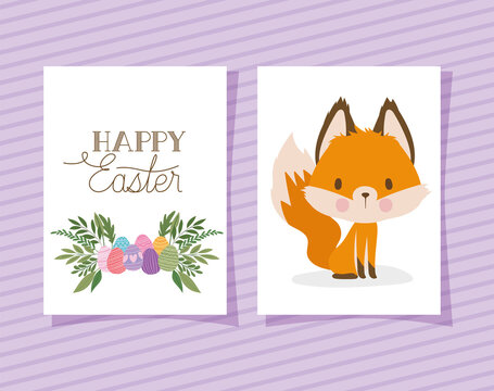 invitation with happy easter lettering with one cute fox and one basket full of easter eggs on a purple background