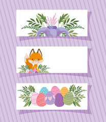 frames with one cute fox, purple flower and easter eggs