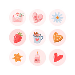 Fototapeta premium Valentines day vector round stickers set. Romantic highlights cover icons for social media