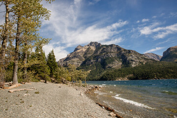 Mountain lake shore in Waterton Lakes National Park