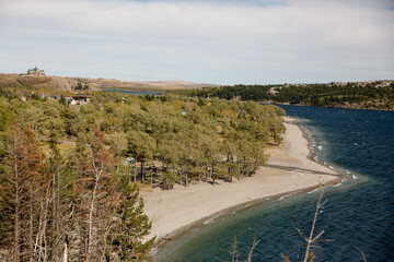 Waterton lake shoreline from above