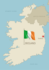 Silhouette of Ireland country map. Highly detailed editable Ireland map country territory borders with Dublin capital city and waving national flag vector illustration