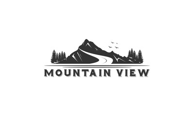 landscape logo with illustration of a mountain that has a small river flowing clear water