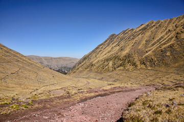 Beautiful landscape of the original Inca Trail to the ruins of Huchuy Qosqo, Sacred Valley, Peru