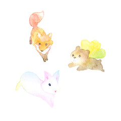 Obraz na płótnie Canvas <手描き水彩画>駆け回るかわいいキツネとクマとウサギの子どものイラスト