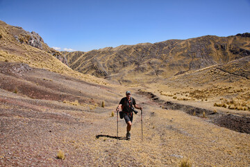 Trekking part of the original Inca Trail to the ruins of Huchuy Qosqo, Sacred Valley, Peru