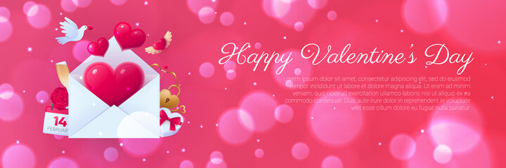 Happy Valentines Day banner. Pink romantic advertising poster, wedding invitation card, flyer, background with white envelope, red heart and space for text vector illustration