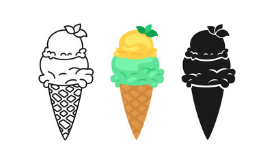 Vanilla Ice Cream horn with mint cartoon set, line icon and black glyph style. Kawaii bright summer collection sweet fast food. Comic sketch cone Ice cream. Isolated dessert vector illustration