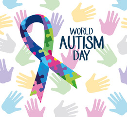 Fototapeta premium world autism day lettering with ribbon campaign and puzzle pieces vector illustration design