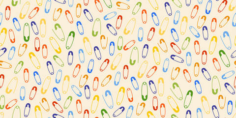 Safety pin bright cartoon seamless pattern. Sewing pins hand drawn tailoring monochrome flat design. Scrapbook, wrapping paper, textile, fabric, wallpaper, tile background vector illustration