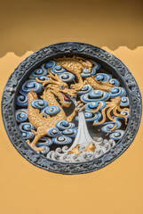 China, Shanghai. Jade Buddha Temple dragon bas-relief.