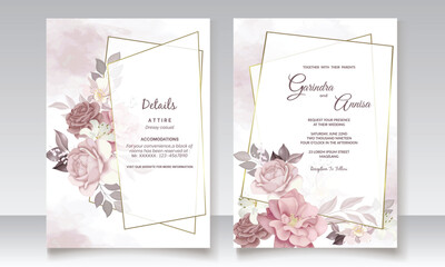 Brown wedding invitation template set with floral frame Premium Vector