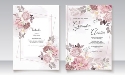 Brown wedding invitation template set with floral frame Premium Vector - obrazy, fototapety, plakaty