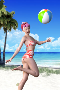 ピンクの巻き髪が可愛い赤と白のストライプのビキニを着たフレッシュな女性が浜辺で楽しくビーチボールで遊んでいる