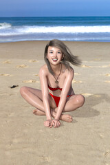 波打つ青い海を背景に砂浜で座り込みあぐらをかく赤いビキニをきた笑顔の女の子