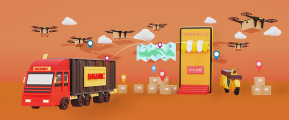 Online delivery smartphone concept,online order shopping,tracking logistic shipping on mobile with map and gps pin,fast transport truck,drone,motorcycle to customer,3d render illustration web banner